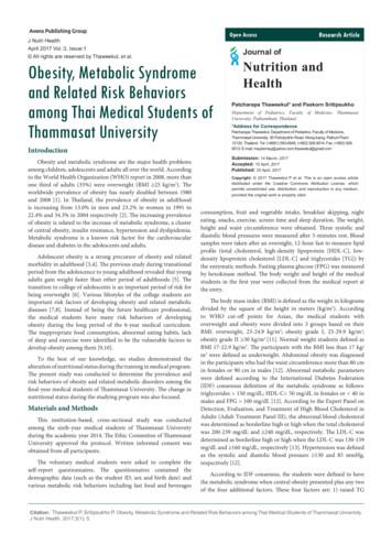 Obesity, Metabolic Syndrome And Related Risk Behaviors .